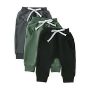 Suanret Pack of 3 Toddler Baby Boys Sweatpants Solid Color Elastic Waist Bottom Pants Casual Trousers Black Green Dark Gray 18-24 Months